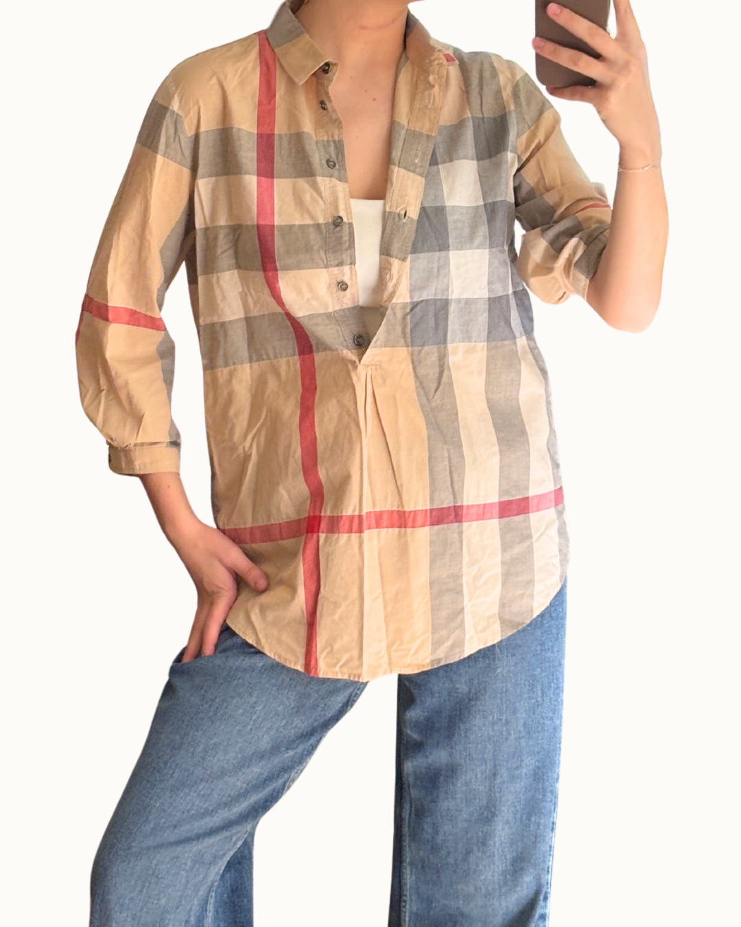 Burberry Plaid Print Three-Quarter Sleeve Button-Up Top