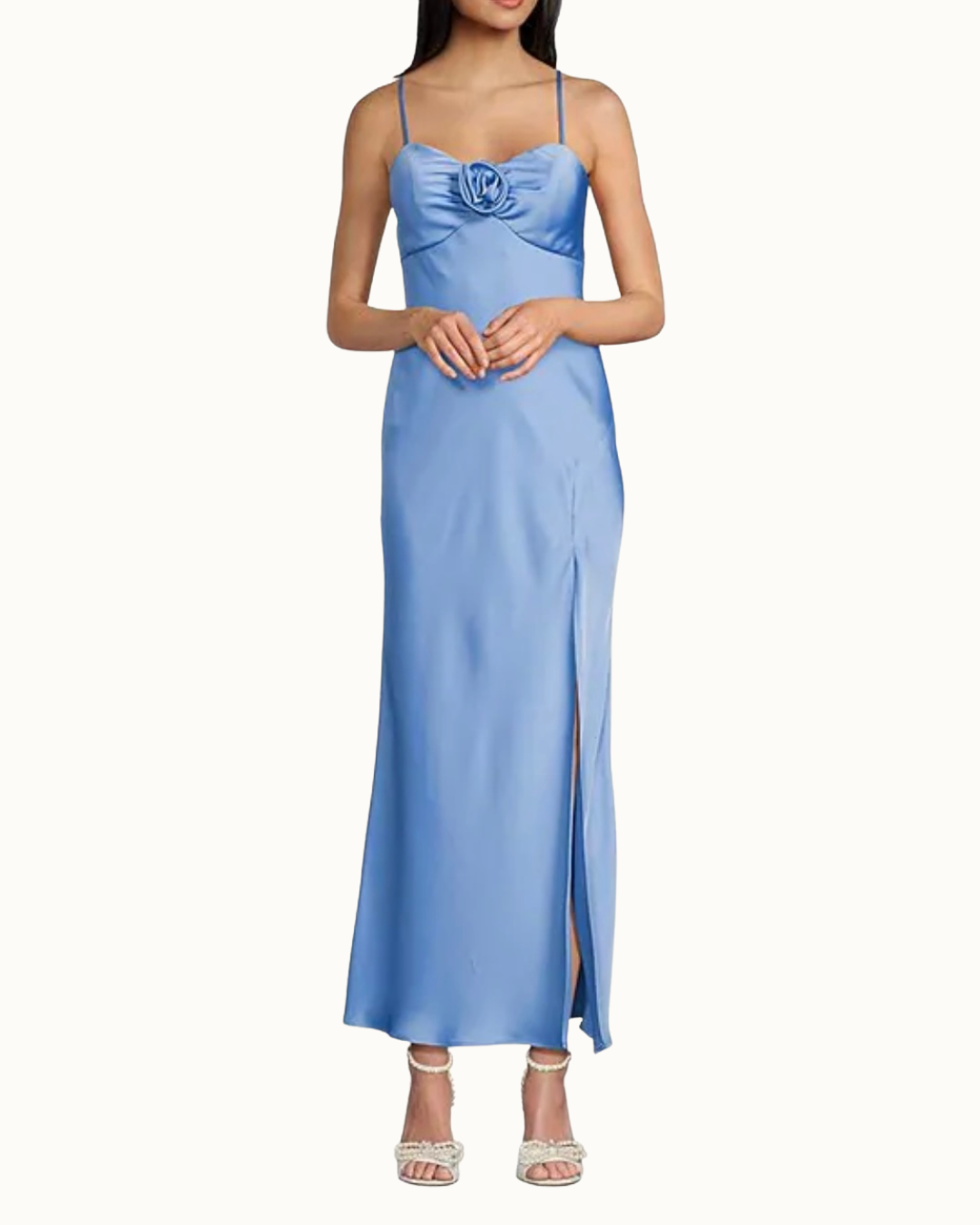 Satin sweetheart Neck Front Rosette Side Slit Midi Dress
