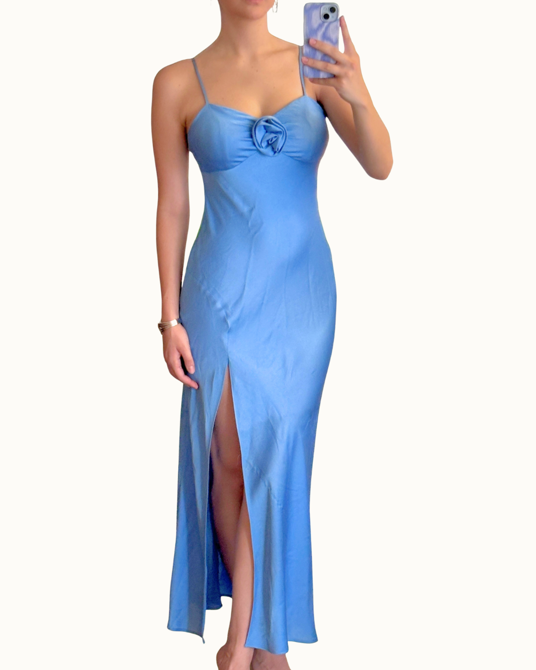Satin sweetheart Neck Front Rosette Side Slit Midi Dress