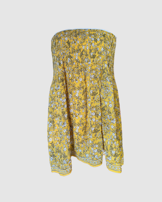 Blusa strapless (o falda corta) amarilla con print