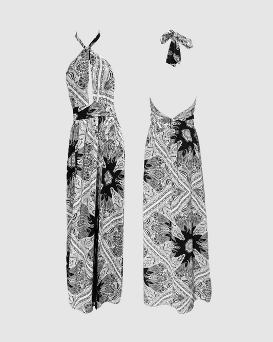 Vestido largo negro y gris con print
