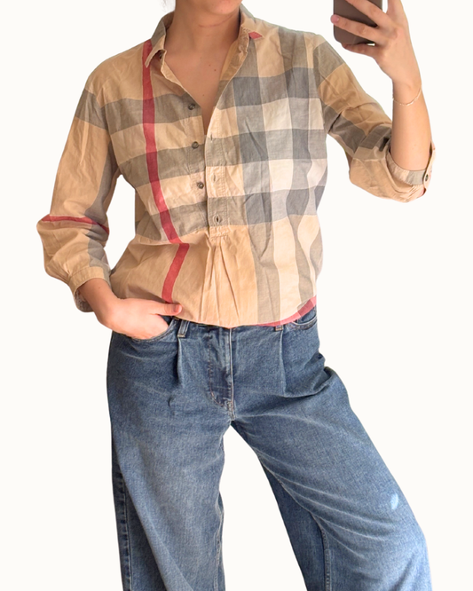 Burberry Plaid Print Three-Quarter Sleeve Button-Up Top