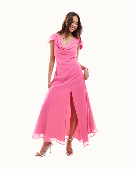 Chiffon Cowl Neck Midi Dress
